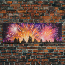 Carregar imagem no visualizador da galeria, Fireworks Over Forest Canvas Art Print, Woods, Pines Trees, Wall Decor, Framed Large Canvas Print, Panoramic, Wall Art, Canvas Print
