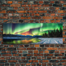 Carregar imagem no visualizador da galeria, Aurora Borealis, Northern Lights Panoramic Framed Canvas Print, Beautiful Winter Wonderland Landscape Painting
