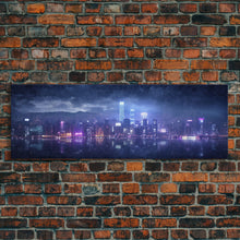 Load image into Gallery viewer, Cyberpunk Hong Kong City Skyline, Framed Canvas Print, Cyberpunk Style Wall Art, Synthwave Decor, Videogame Concept Art
