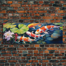 Load image into Gallery viewer, The Koi Pond Framed Canvas Print, Koi Fish Decor, Koi Fish Garden Wall Art, Koi Fish and Lilly Pads
