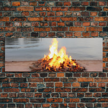 Carregar imagem no visualizador da galeria, Campfire On The Beach, Framed Canvas Print, Lakehouse Wall Art, Ocean Decor, Ocean Wall Art, Home &amp; Office Decoration
