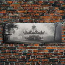 Load image into Gallery viewer, Creepy Carousel / Merry Go Round Wall Art, Framed Canvas Print, Black And White Art
