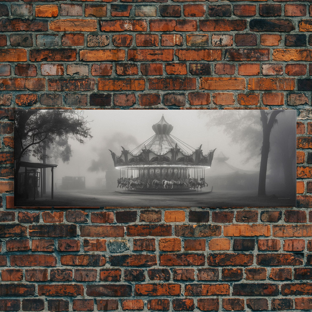 Creepy Carousel / Merry Go Round Wall Art, Framed Canvas Print, Black And White Art