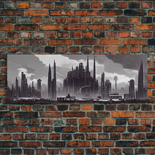 Load image into Gallery viewer, Dystopian Art Deco Style Architecture, Extra Large Wall Art, Framed Panoramic Canvas Print, Framed Wall Decor
