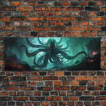 Load image into Gallery viewer, Rise Of Cthulhu Framed Canvas Print, Panoramic Call of Cthulhu H.P. Lovecraft Cosmic Horror Steampunk Gothic Darrk Art Wall Decor
