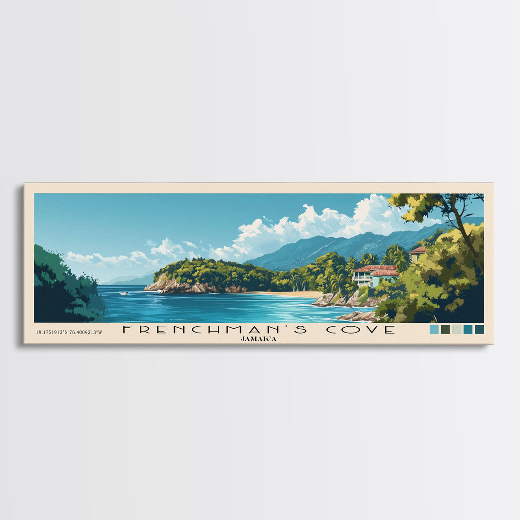 Frenchman’s Cove, Jamaica Panoramic Beach Print, Vacation Gift, Jamaica Wall Art, Beach Painting, Beach Decor, Beach Painting