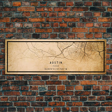 Load image into Gallery viewer, Panoramic Austin Map Print Canvas or Poster, Texas Map Art, Texas Map Print, Vintage Texas Map Framed Art, Retro / Distressed Office Art
