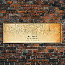 Load image into Gallery viewer, Panoramic Raleigh North Carolina map print poster or framed canvas, Raleigh map print poster canvas, city map Canvas print, Travel Art
