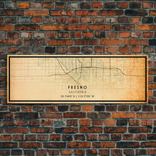 Load image into Gallery viewer, Panoramic Distressed Fresno California Map, Framed Canvas Print Or Poster, California Map Print, City Wall Art Map Print, Rustic Map Art
