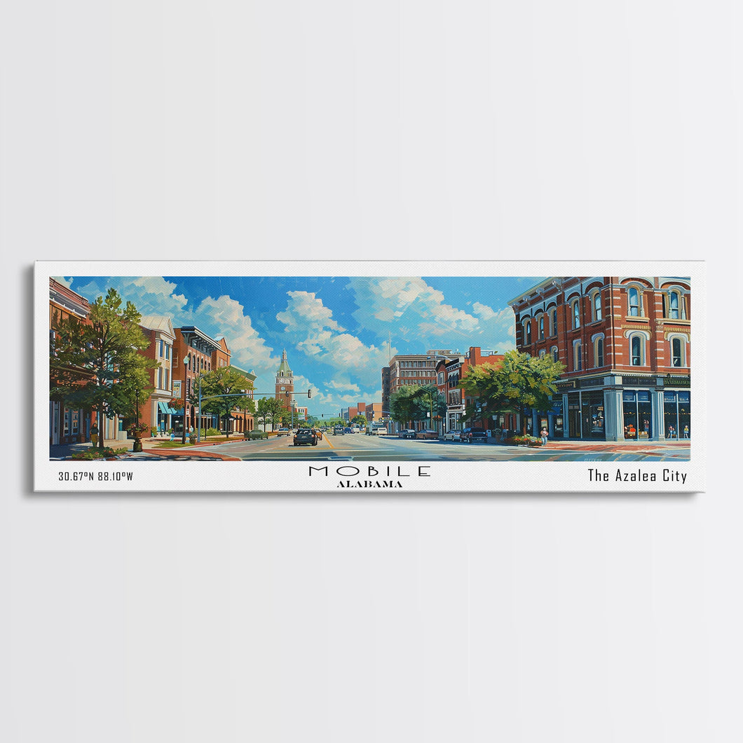 Mobile Alabama Panoramic Framed Canvas Print, Watercolor City Art, Office Wall Decor, Travel Poster, Living Room Decor, City Print