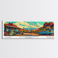 Carregar imagem no visualizador da galeria, Albuquerque New Mexico Panoramic Painting Framed Canvas Print, Mid Century Modern Art, Pop Art Style, Travel Poster, Wall Art Decor
