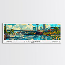 Cargar imagen en el visor de la galería, Cleveland Ohio Panoramic Wall Art Framed Canvas Print, Mid Century Modern Art, Pop Art Style, Travel Poster, Home Decor, Retro Style
