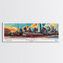 Load image into Gallery viewer, Dallas Texas Panoramic Wall Art Framed Canvas Print, Mid Century Modern Art, Pop Art Style, Travel Poster, Home Decor, Wall Hanging
