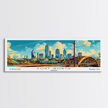 Load image into Gallery viewer, Forth Worth Texas Panoramic Painting Framed Canvas Print, Mid Century Modern Art, Pop Art Style, Travel Poster, Living Room Decor
