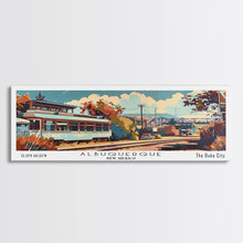 Load image into Gallery viewer, Albuquerque New Mexico Panoramic Painting, Mid Century Modern Framed Canvas Print, Retro Pop Art Travel Poster, Wall Decor, Office Art
