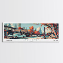 Carregar imagem no visualizador da galeria, Arlington Texas Panoramic Wall Art, Mid Century Modern Framed Canvas Print, Retro Pop Art Travel Poster, Office Wall Art, Living Room Decor
