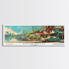 Load image into Gallery viewer, Baton Rouge Louisiana Panoramic Wall Art, Retro Pop Art Framed Canvas Print, Mid Century Modern Travel Poster, Living Room Decor, Office Art
