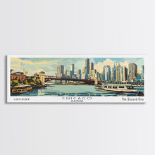 Cargar imagen en el visor de la galería, Chicago Illinois Panoramic Painting, Mid Century Modern Framed Canvas Print, Retro Pop Art Travel Poster, Wall Decor, Gift Idea, Home Decor
