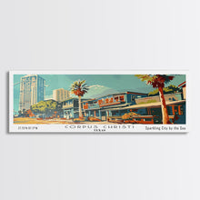 Cargar imagen en el visor de la galería, Corpus Christi Texas Panoramic Painting, Mid Century Modern Framed Canvas Print, Retro Pop Art Travel Poster, Wall Decor, Home Decor, Wall Hanging
