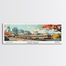 Load image into Gallery viewer, Durham North Carolina Panoramic Painting, Mid Century Modern Framed Canvas Print, Retro Pop Art Travel Poster, Wall Decor, Home Decor, Wall Hanging
