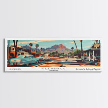 Carregar imagem no visualizador da galeria, Glendale Arizona Panoramic Wall Art, Mid Century Modern Framed Canvas Print, Retro Pop Art Travel Poster, Home Decor, Office Wall Art, Gift Idea
