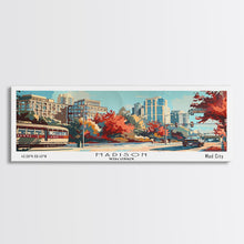 Load image into Gallery viewer, Madison Wisconsin Panoramic Painting, Mid Century Modern Framed Canvas Print, Retro Pop Art Travel Poster, Wall Art, Home Decor, Office Wall Art, Living Room Decor
