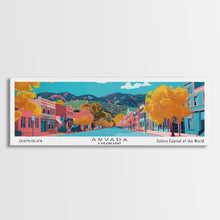 Carregar imagem no visualizador da galeria, Arvada Colorado Panoramic Painting, Mid Century Modern Framed Canvas Print, Retro Pop Art Travel Poster, Living Room Wall Art, City Print
