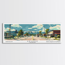 Carregar imagem no visualizador da galeria, Arvada Colorado Panoramic Painting, Mid Century Modern Framed Canvas Print, Retro Pop Art Travel Poster, Living Room Wall Art, City Print
