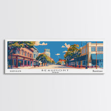 Carregar imagem no visualizador da galeria, Beaumont Texas Panoramic Painting, Mid Century Modern Framed Canvas Print, Retro Pop Art Travel Poster, Living Room Wall Art, City Print
