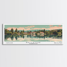 Cargar imagen en el visor de la galería, Bellevue Washington Panoramic Painting, Mid Century Modern Framed Canvas Print, Retro Pop Art Travel Poster, Office Wall Art, City Print
