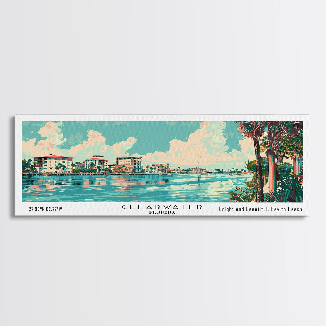 Clearwater Florida Panoramic Painting, Mid Century Modern Framed Canvas Print, Retro Pop Art Travel Poster, Home Decor, City Art