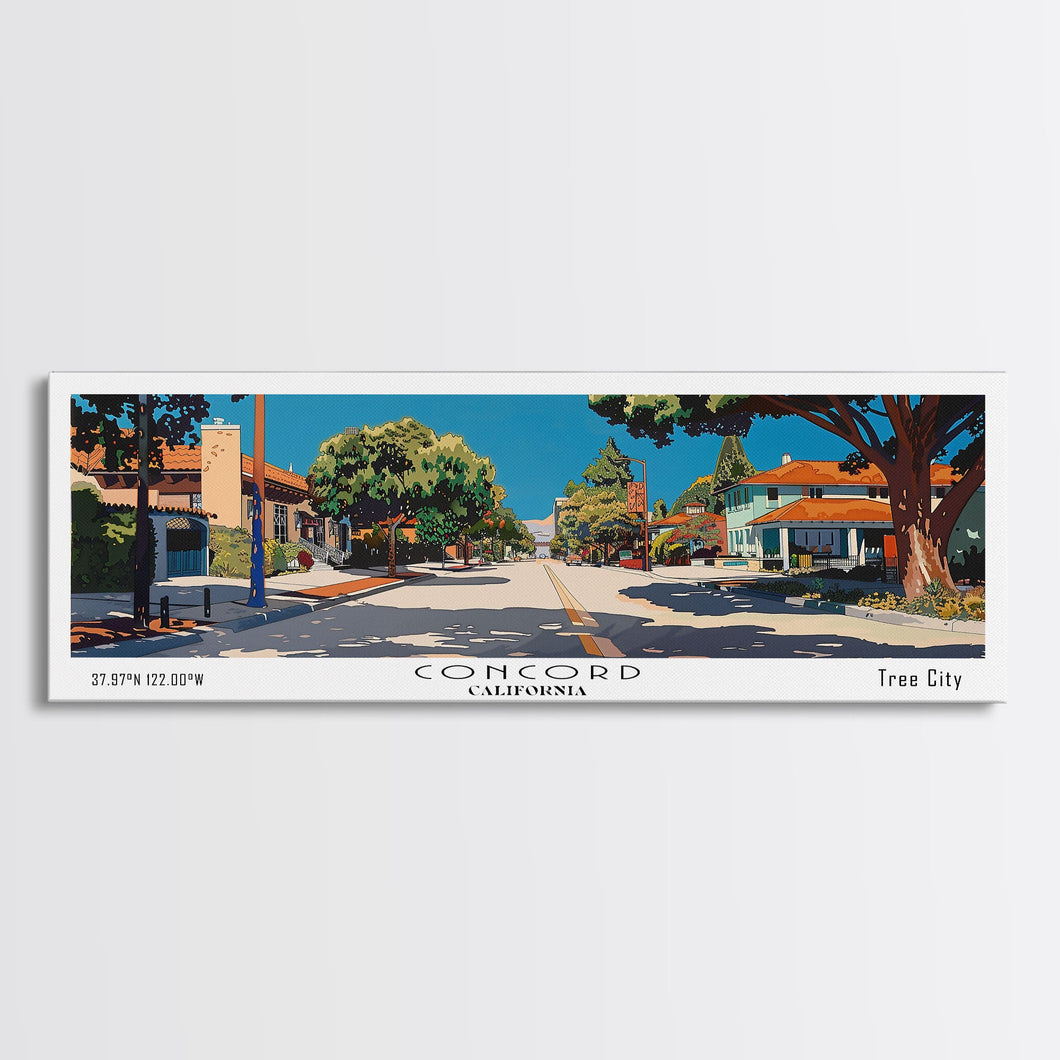 Concord California Panoramic Painting, Mid Century Modern Framed Canvas Print, Retro Pop Art Travel Poster, City Wall Decor, Office Decor