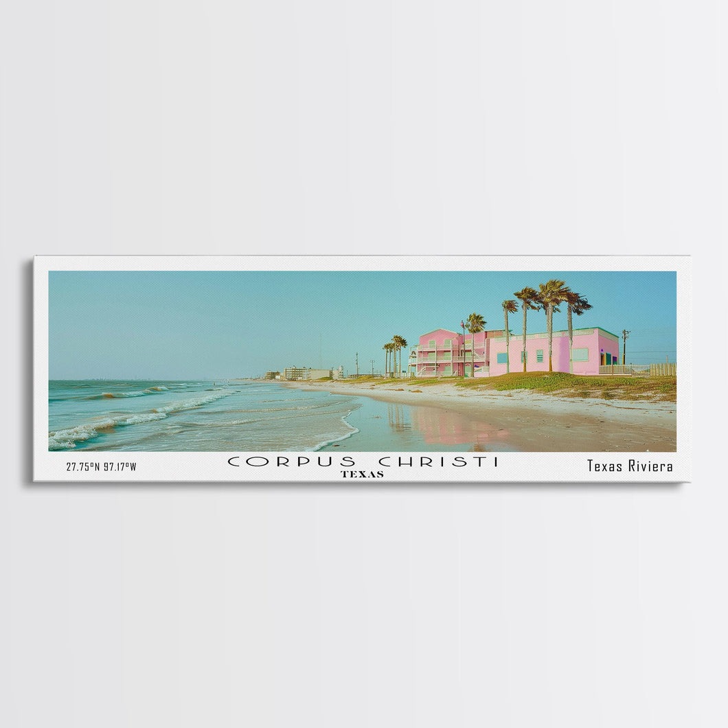 Corpus Christi Texas Panoramic Painting, Mid Century Modern Framed Canvas Print, Retro Pop Art Travel Poster, City Home Decor, Office Wall Art