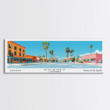 Load image into Gallery viewer, Downey California Panoramic Wall Art, Mid Century Modern Framed Canvas Print, Retro Pop Art Travel Poster, City Living Room Decor, Home Decor
