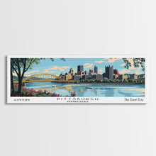 Cargar imagen en el visor de la galería, Pittsburgh Pennsylvania Panoramic Wall Art, Mid Century Modern Framed Canvas Print, Retro Pop Art Travel Poster, City Art, Office Wall Decor, Living Room Art
