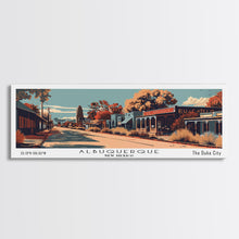 Carregar imagem no visualizador da galeria, Albuquerque New Mexico Panoramic Painting, Framed Canvas Print, Mid Century Modern Wall Art, Retro Pop Art Travel Poster, Office Decor, City Art
