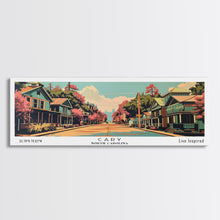 Cargar imagen en el visor de la galería, Cary North Carolina Panoramic Painting, Framed Canvas Print, Mid Century Modern Wall Art, Retro Pop Art Travel Poster, Living Room Decor, City Art
