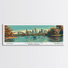Cargar imagen en el visor de la galería, Charlotte North Carolina Panoramic Painting, Framed Canvas Print, Mid Century Modern Wall Art, Retro Pop Art Travel Poster, Living Room Decor, City Art
