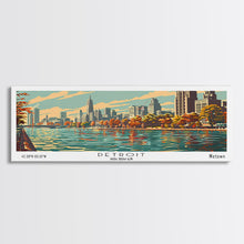 Load image into Gallery viewer, Detroit Michigan Panoramic Painting, Framed Canvas Print, Mid Century Modern Wall Art, Retro Pop Art Travel Poster, Office Decor, City Art
