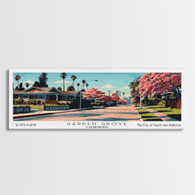 Cargar imagen en el visor de la galería, Garden Grove California Panoramic Painting, Framed Canvas Print, Mid Century Modern Wall Art, Retro Pop Art Travel Poster, Living Room Decor, City Art

