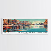 Load image into Gallery viewer, Newport News Virginia Panoramic Wall Art, Mid Century Modern Framed Canvas Print, Retro Pop Art Travel Poster, Office Decor, Cityscape Art
