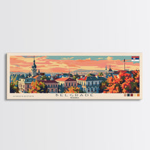 Cargar imagen en el visor de la galería, Belgrade Serbia Panoramic Travel Poster, Framed Canvas Print or Metal Wall Art, Travel Art, Home Decor, Panoramic Painting, Midcentury Art
