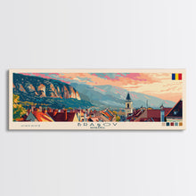 Load image into Gallery viewer, Brasov Romania Panoramic Travel Poster, Framed Canvas Print or Metal Wall Art, Travel Art, Home Decor, Panoramic Painting, Midcentury Art
