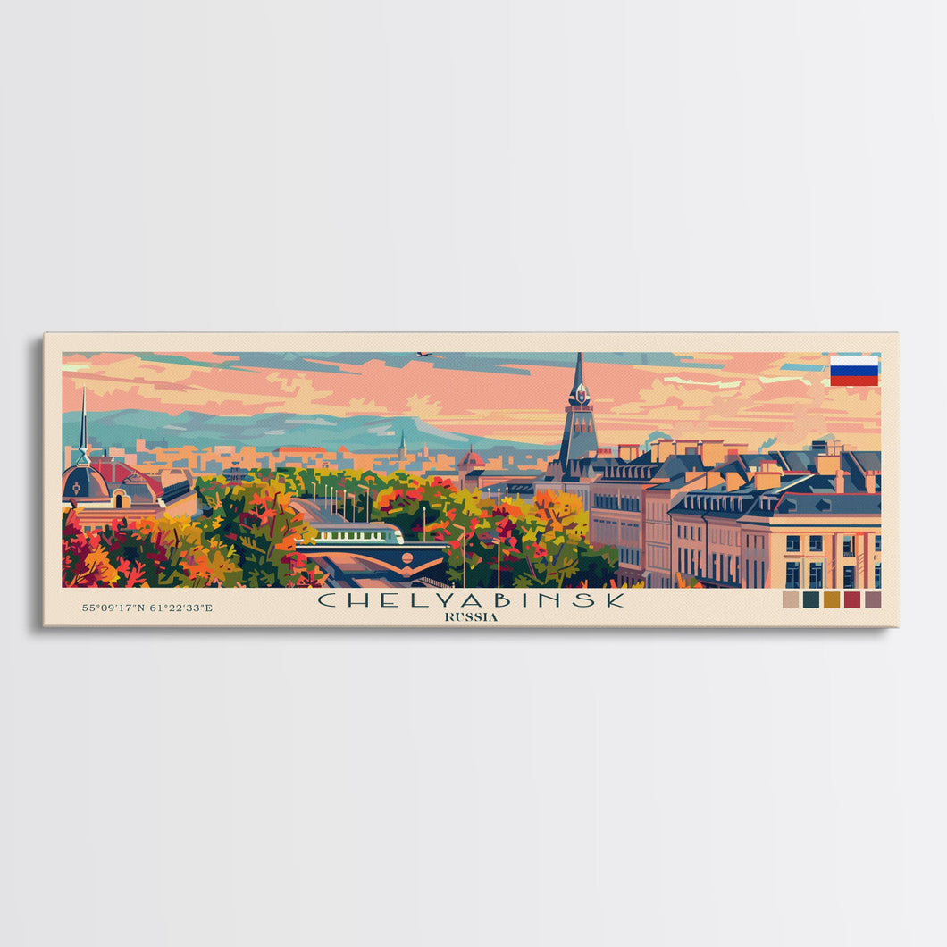 Chelyabinsk Russia Panoramic Travel Poster, Framed Canvas Print or Metal Wall Art, Travel Art, Home Decor, Panoramic Painting, Midcentury Art