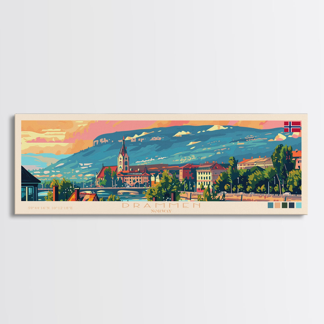 Drammen Norway Travel Print Wall Art, Panoramic City Art, Travel Art, Wall Decor, Vacation Gift, Framed Canvas Print Or Metal Art