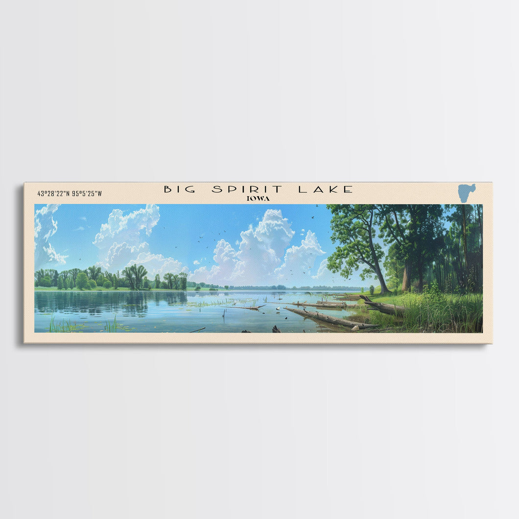 Big Spirit Lake Iowa Framed Canvas Print, Panoramic Lake House Decor, Scenic View, Travel Poster, Rustic Art, Lake Painting