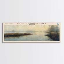 Load image into Gallery viewer, Blue Springs Lake Missouri Framed Canvas Print, Lake House Art, Panoramic Scenic View, Travel Poster, Minimalist Art, Lake Painting
