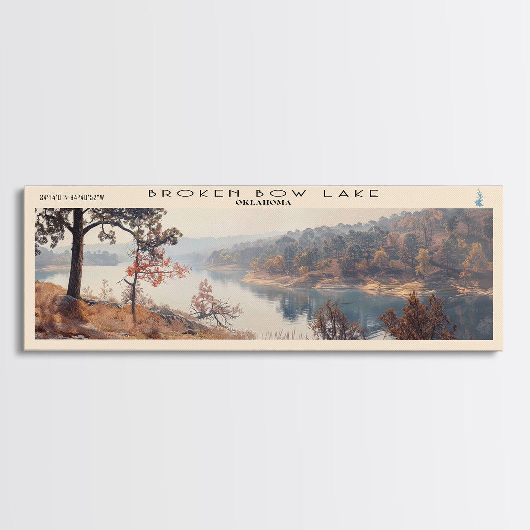 Broken Bow Lake Oklahoma Framed Canvas Print, Panoramic Lake House Art, Wall Art, Travel Poster, Modern Lake Painting, Nature Art