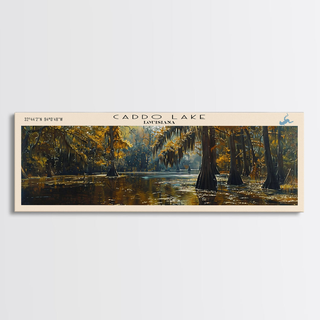 Caddo Lake Louisiana Framed Canvas Print, Lake House Decor, Panoramic Wall Art, Travel Poster, Rustic Lake Painting, Nature Art