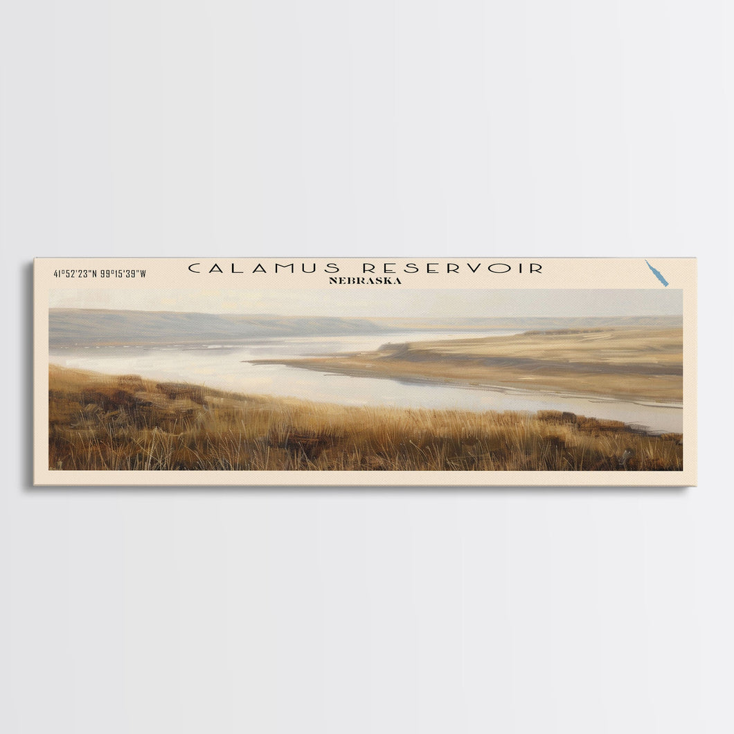 Calamus Reservoir Nebraska Framed Canvas Print, Panoramic Lake House Decor, Wall Art, Travel Poster, Rustic Lake Painting, Nature Art